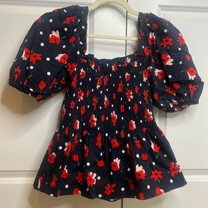 Kate Spade Smocked Top. Floral and Polka Dots